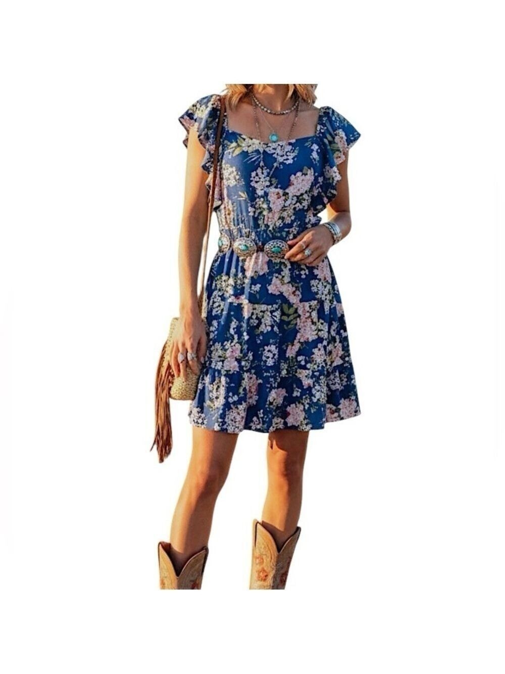 Boho cottagecore Monteau blue floral tiered ruffle mini dress S